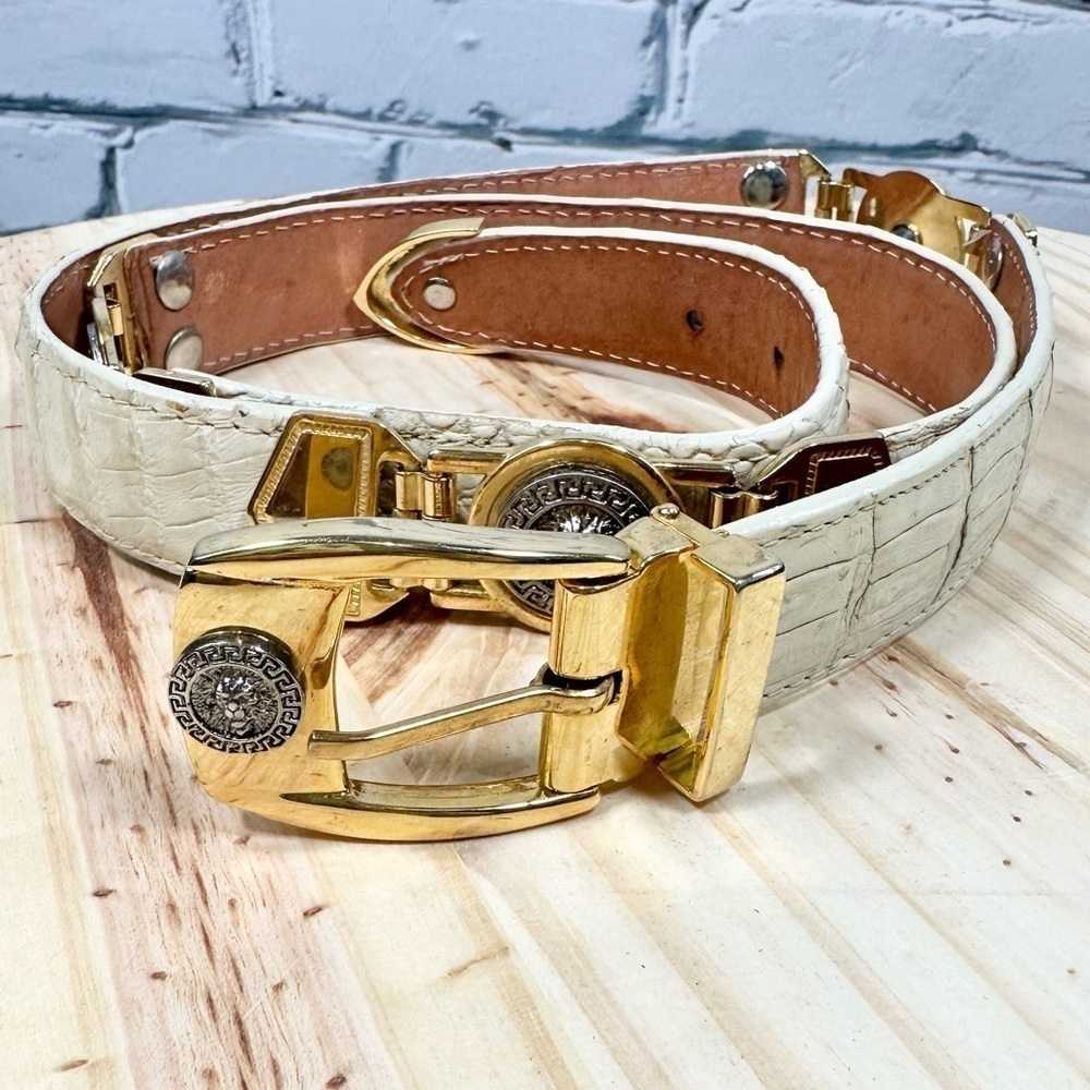 Vintage El General Genuine Caiman Skin Belt Cream Gold Metal Lion Western 40 - Picture 2 of 16